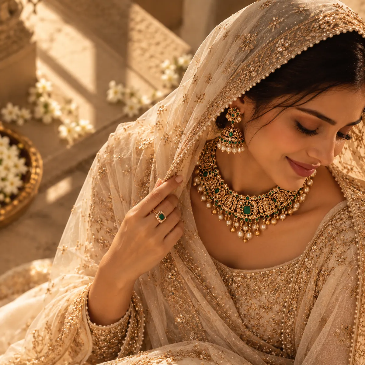 A bride in an ivory and gold dupatta wearing a traditional gold necklace and earrings