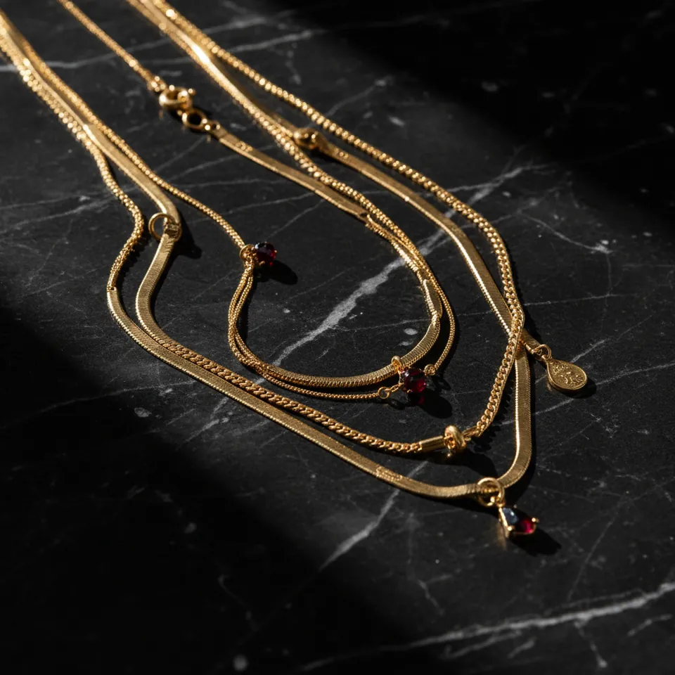 Layered gold chains on dark marble