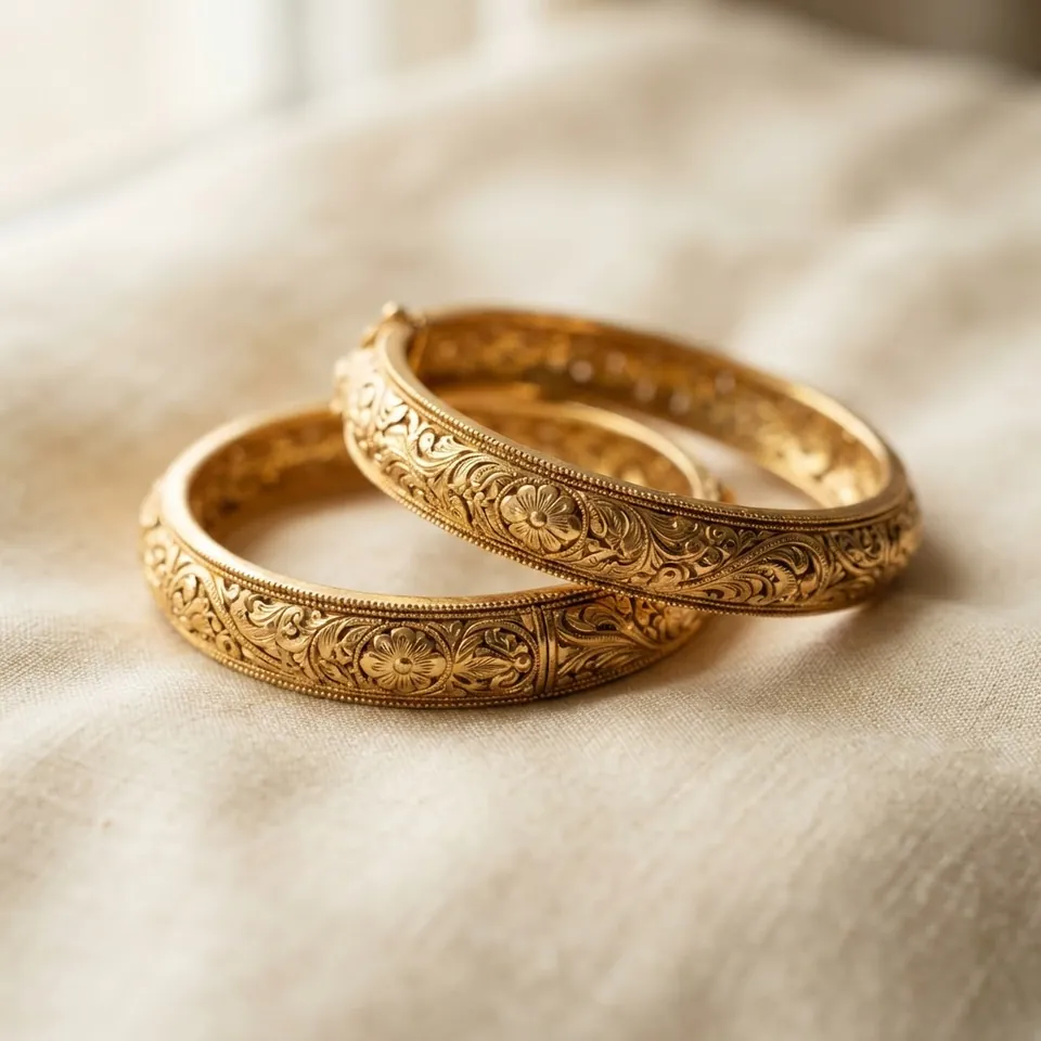 Pair of engraved gold bangles