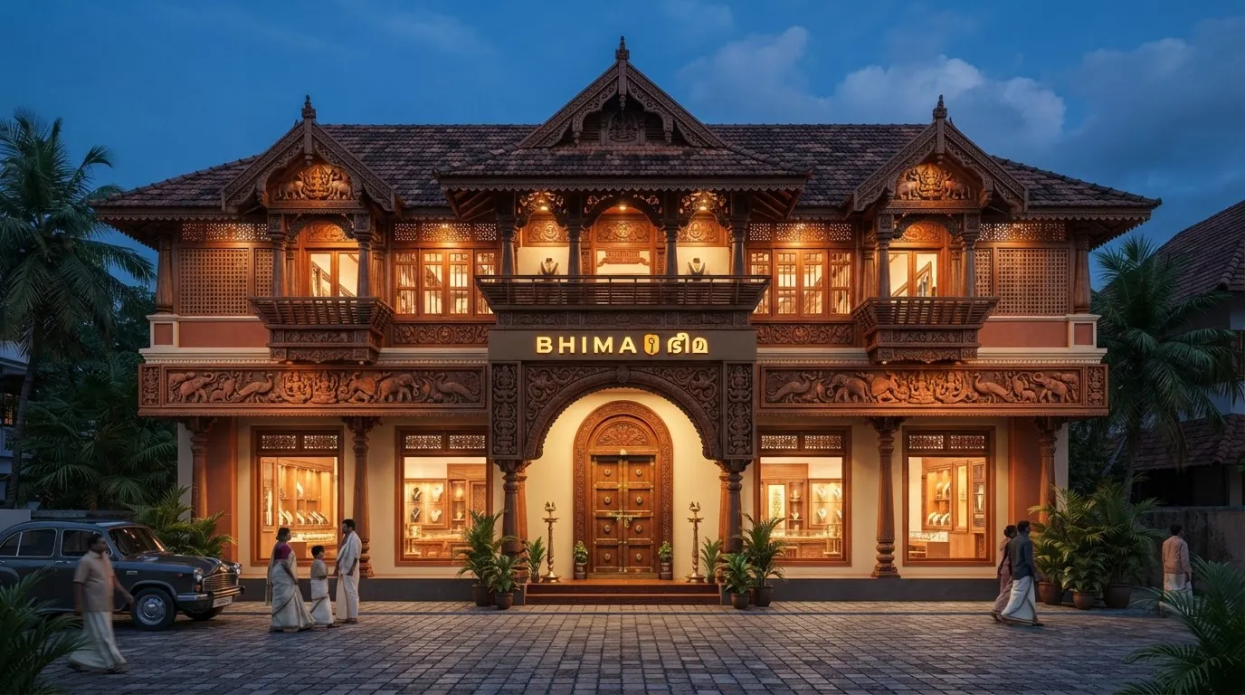 A Bhima store at dusk with carved wooden facade and warm lighting