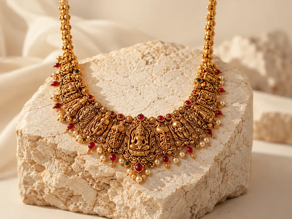Antique gold temple necklace with rubies on a stone plinth