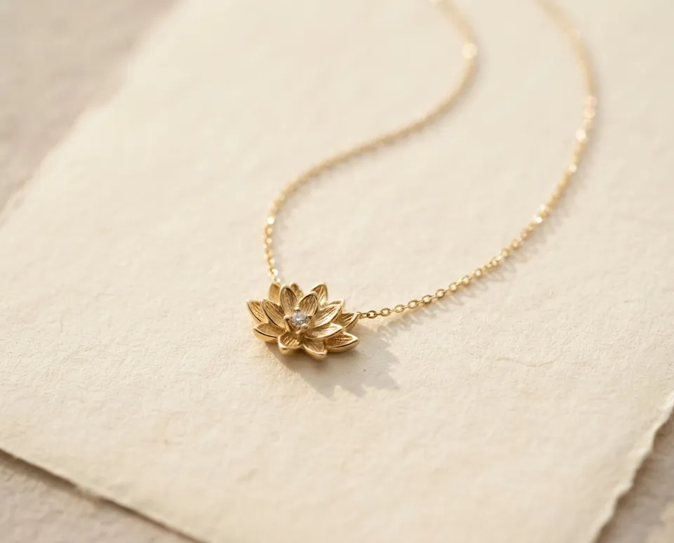 Delicate gold lotus pendant on a fine chain