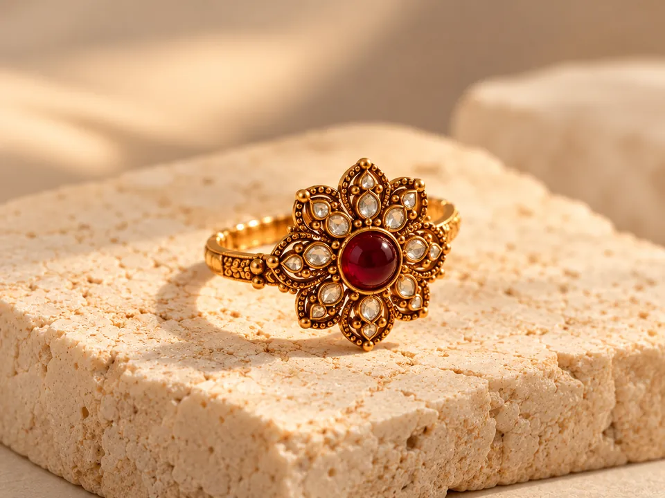 Gold ring with a ruby centre and pearl petals