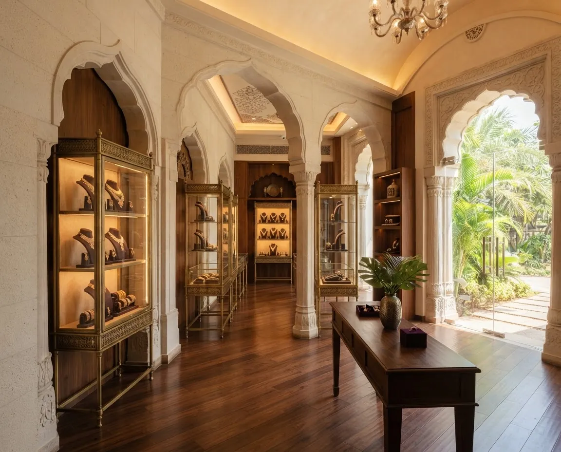 Arched gallery of a Bhima showroom opening onto a sunlit garden