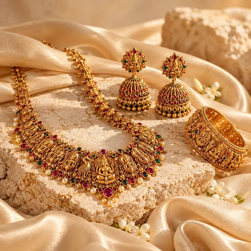 Traditional gold necklace set with jhumkas and bangles
