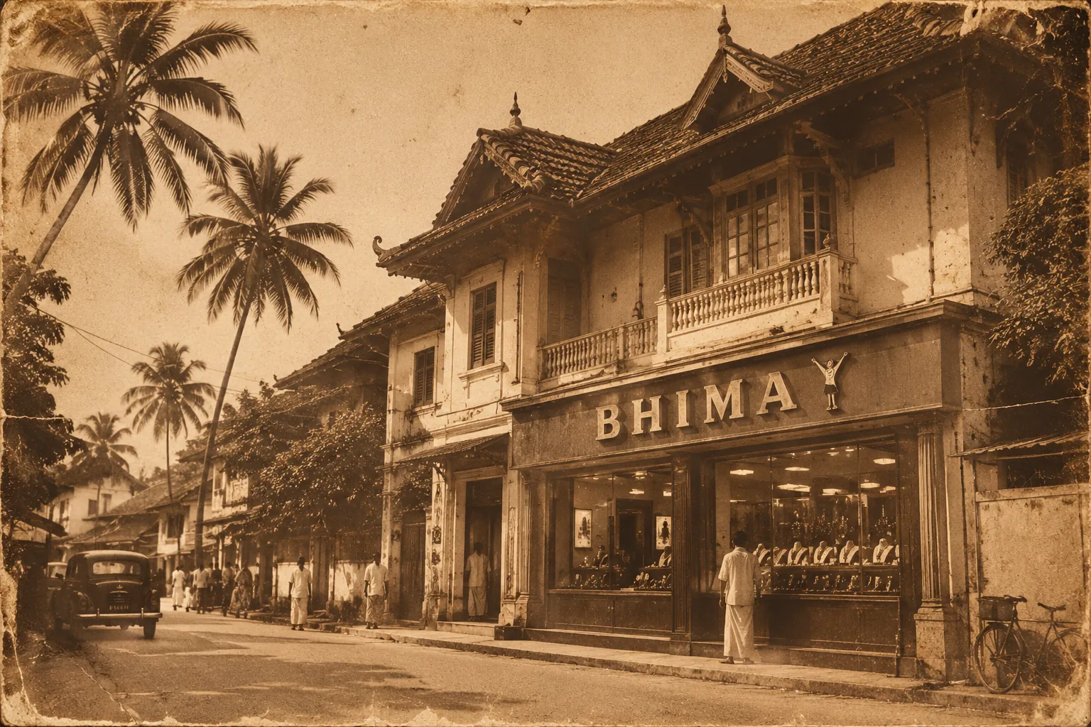 Sepia photograph of the historic Bhima storefront on a palm-lined street