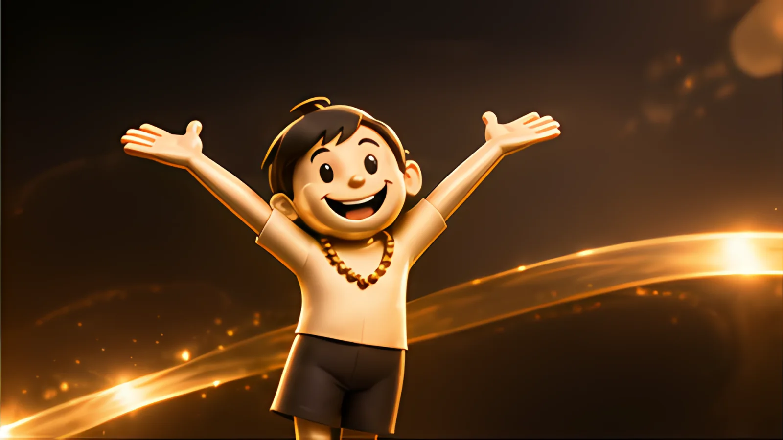 Light reveals the mascot's smiling face as he opens his arms in welcome.