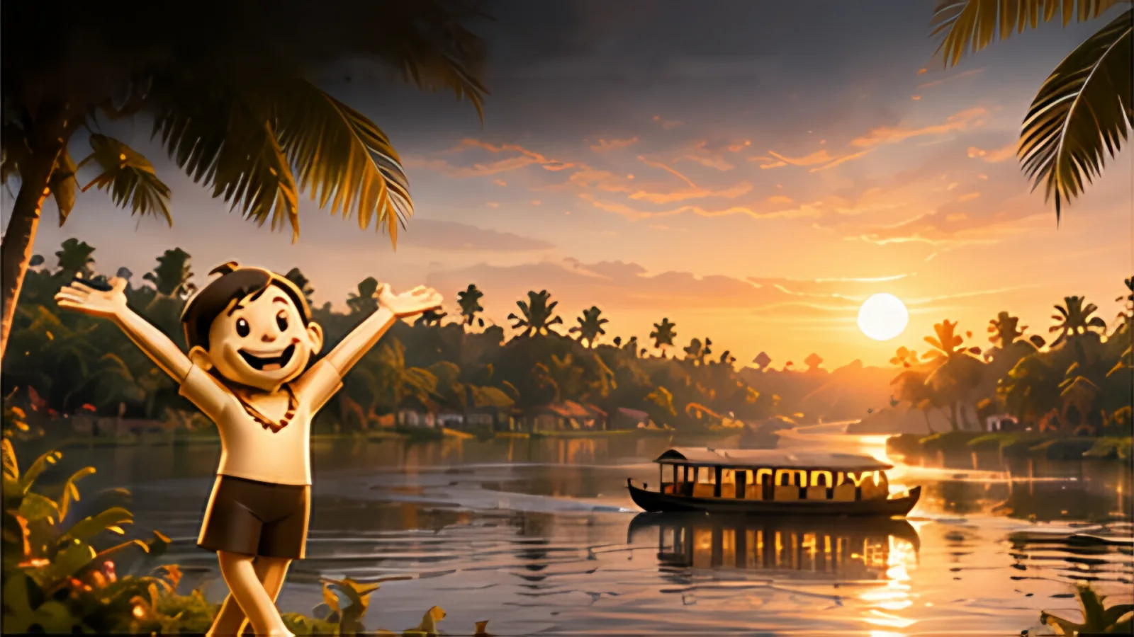 The camera pulls back to reveal the backwaters at sunset: palms, still water and a houseboat.