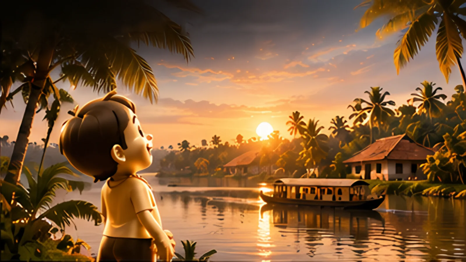 The mascot turns to take in the landscape, looking out over the river towards the sun.