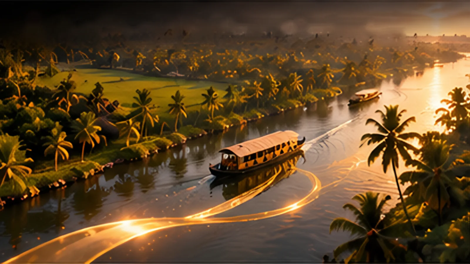 From above, a houseboat drifts along the river as the gold ribbon flows across the water and fades away.