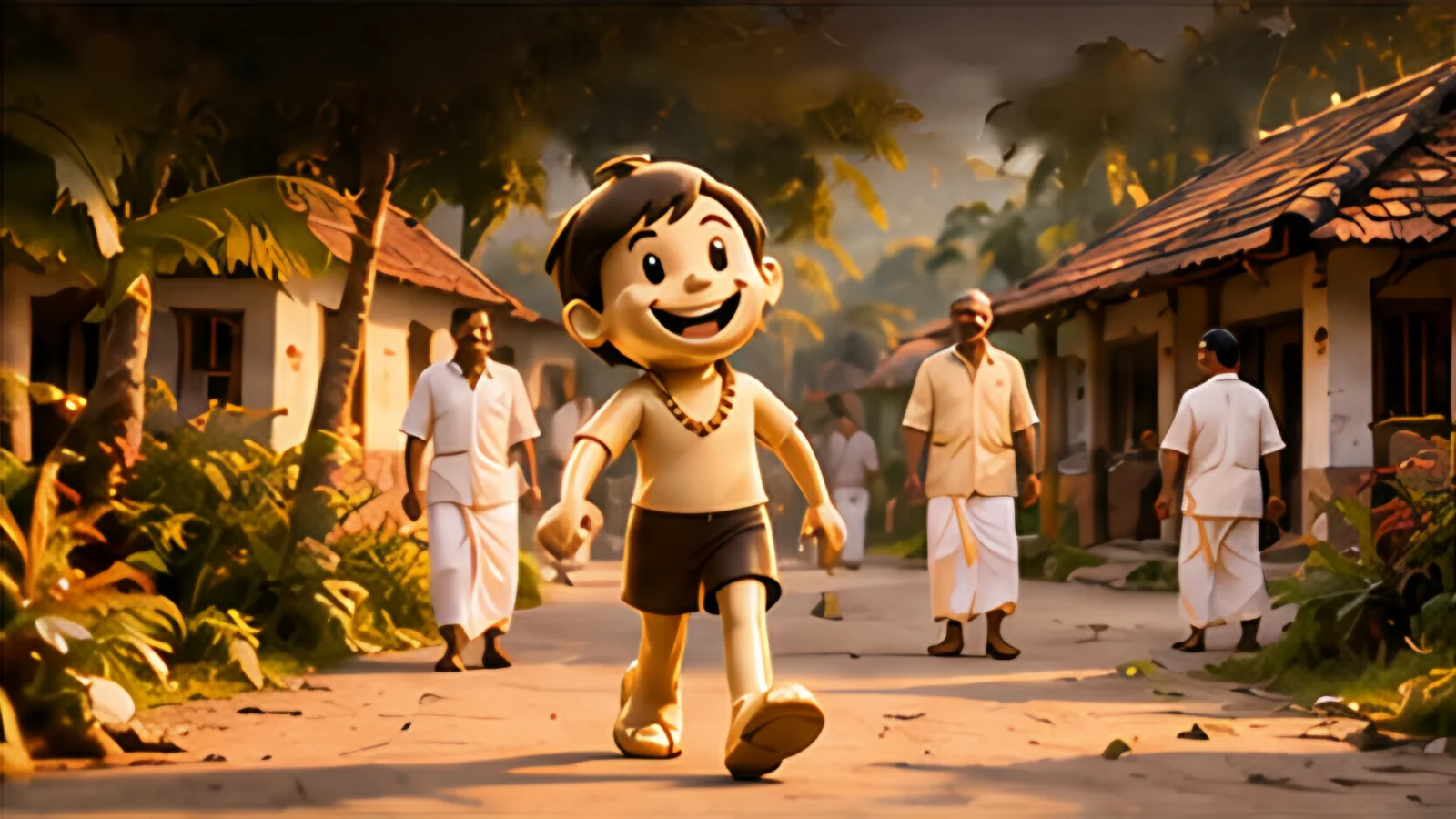 The mascot walks down a village street lined with tiled-roof homes and neighbours in white mundu.
