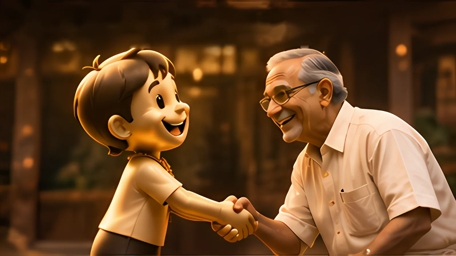 The mascot warmly shakes hands with a smiling elder.