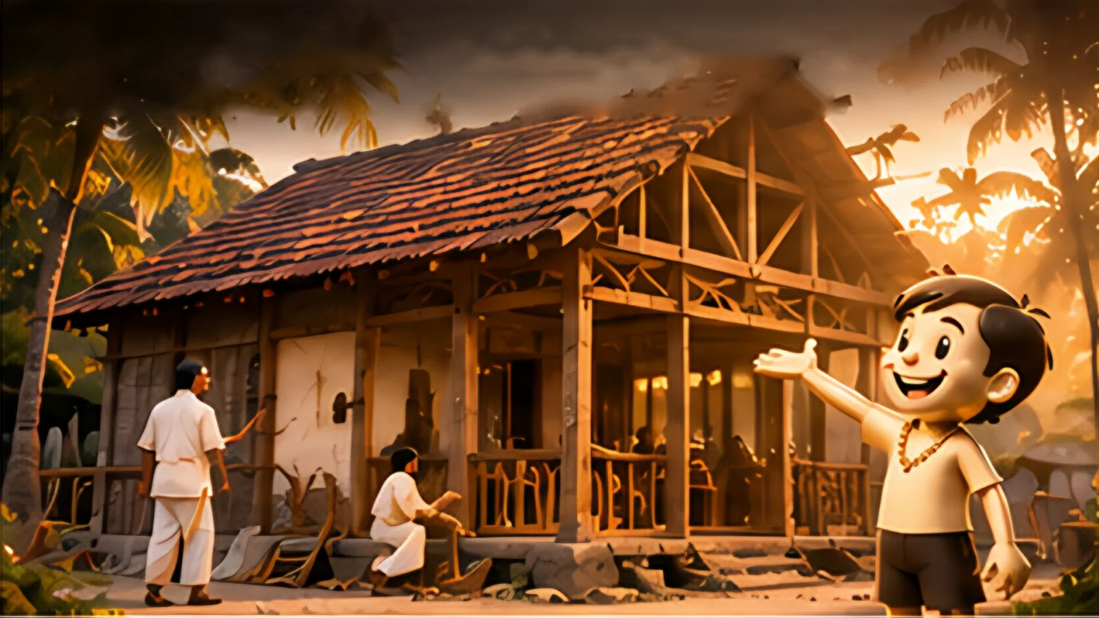 The mascot points to the timber frame of his first showroom as craftsmen build it.