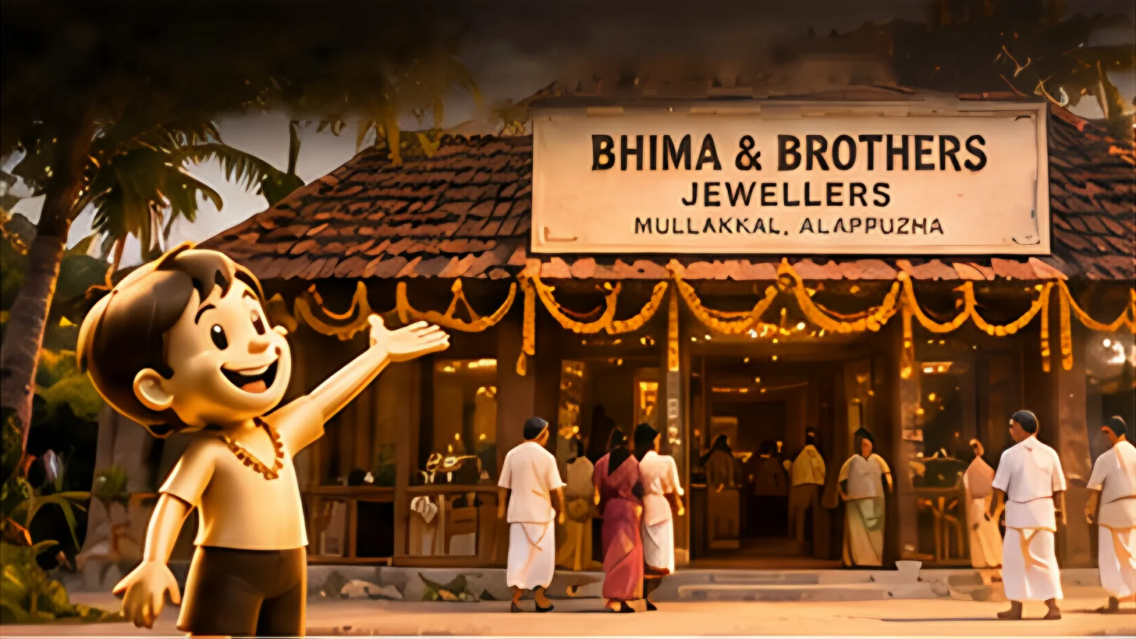 The finished store, garlanded in marigolds, welcomes its first visitors.