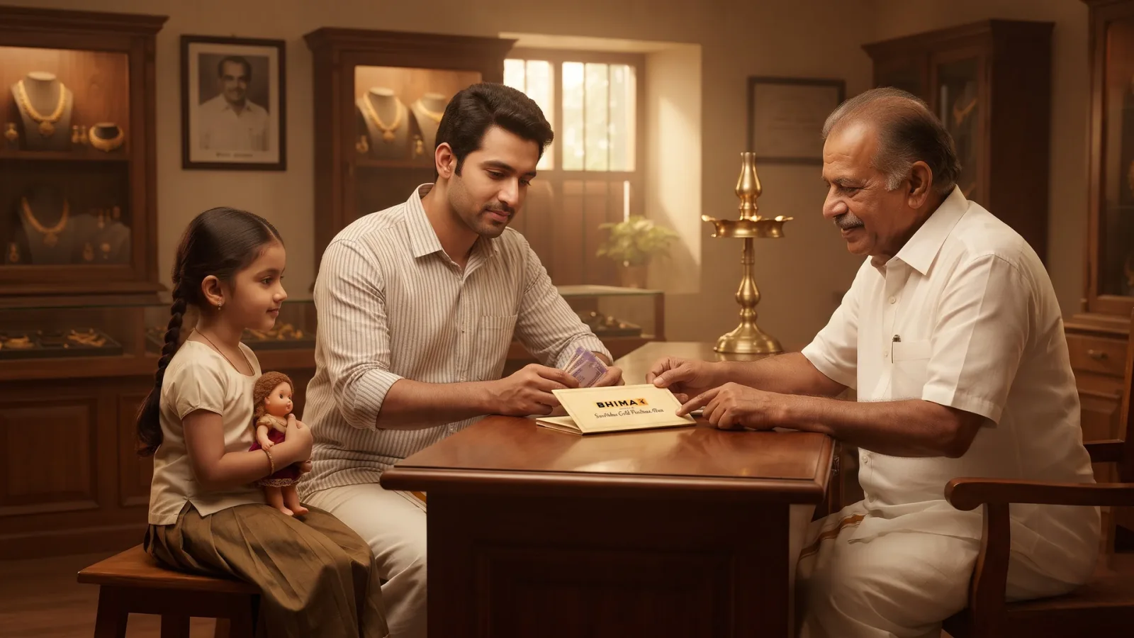 Inside, the elder presents jewellery to a father and his young daughter.