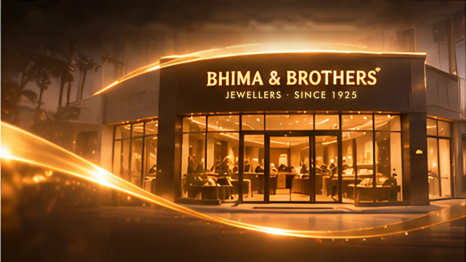 The gold ribbon flows from the old photograph and carries us to a modern Bhima & Brothers showroom.