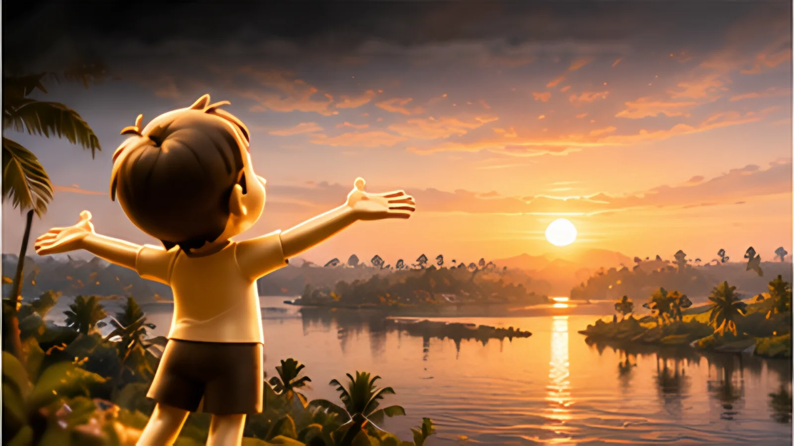 The camera pulls back from the showroom into a sunset over the backwaters, the mascot facing the horizon with open arms.
