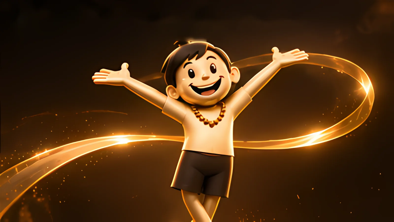 The mascot turns to face us, arms open, as the gold ribbon loops around him.